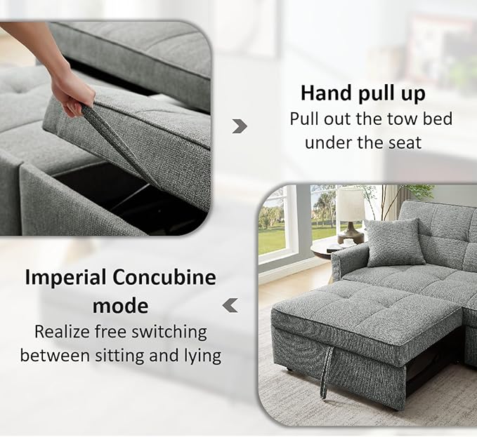 King Size Pull Out Sofa Bed 4-in-1 Convertible Sofa Bed Couch Chenille 3 Seaters Sofa Sleeper with Dual Pull Out Bed &amp Adjustable Backrest for Living Room Gray