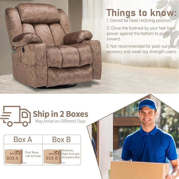 Swivel Rocker Recliner Chair with Heat and Massage Manual Glider Rocking Reclining Chair 360° Swivel Overstuffed Lounge Chair with 2 Cup Holders Side Pockets &amp USB Ports Fabric Brown