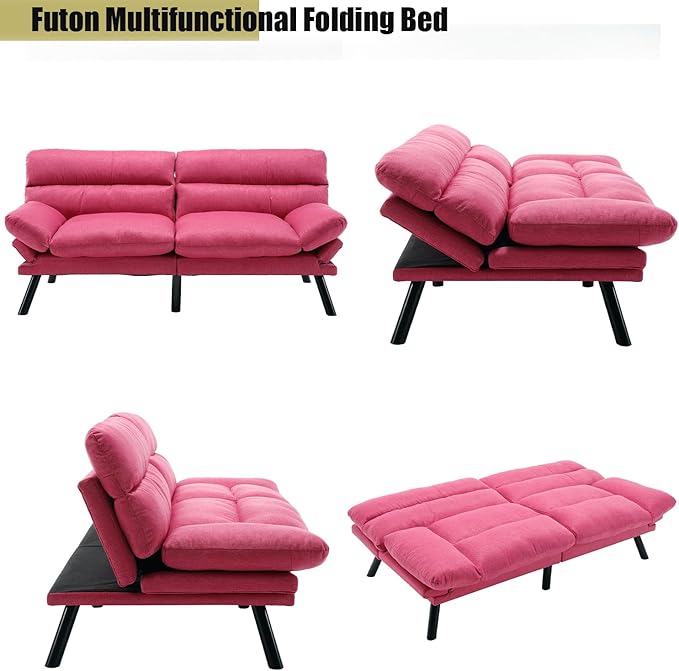 70“Futon Sofa BedConvertible Folding Futon Couch Breathable Small CouchUpholstered Double Loveseat Bed for Compact Living Studio in Room and BedroomOfficesFamilyDorm (Rose Red Linen)