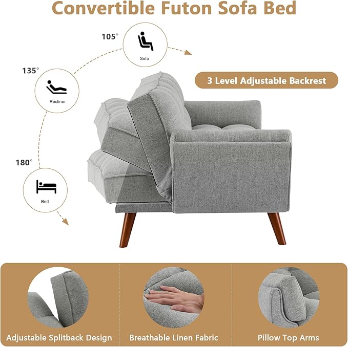 75 Convertible Futon Sofa Bed Sleeper Couch Bed with Adjustable Backrest Small Couches for Small Spaces Living Room Bedroom and Office (Gray)