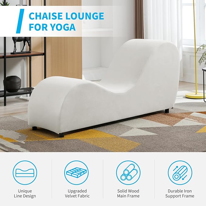 Mjkone 60.6 W Yoga Sofa Chair Chaise Lounge Chairs Indoor for Adults Bedroom Yogas Stretching Curved Velvet Yoga Lounges Chaise Chair for Living Room Relaxing Apartment Exercising Beige