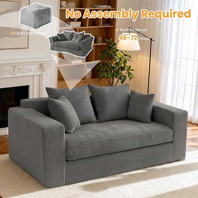 Winzon Boneless Loveseat 3 in 1 Convertible Sofa Bed Sleeper Sofa Floor Futon Bed with 4 Pillows 55 Grey Boneless Couch for Living Room Guest Room Small Space No Assembly Required Corduroy