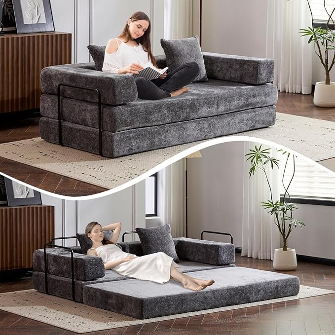 4-in-1 Convertible Folding Sleeper Sofa Bed Fold Out Floor Sofa Couch with Fixed-Shape Frame Cloud Corduroy Foldable Mattress Couch for Living Room Bedroom (78.5 Chenille Dark Grey)