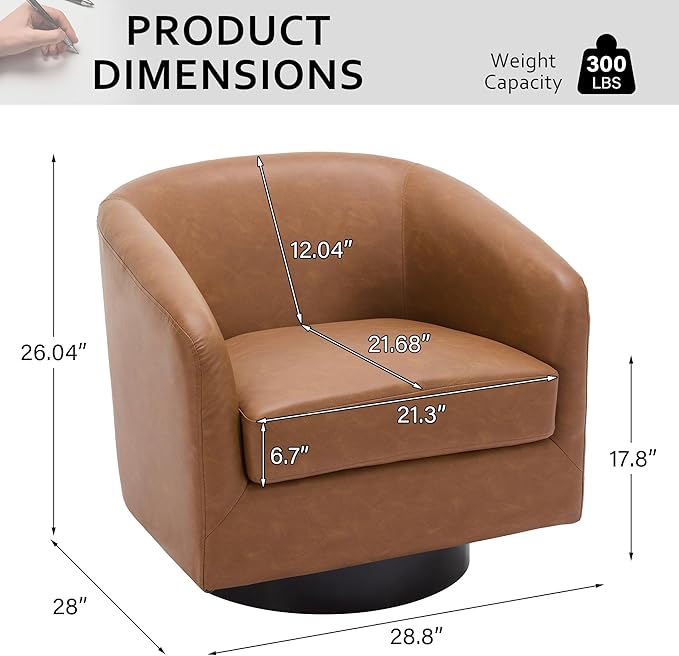 Lumibee Faux Leather Swivel Barrel Chairs Upholstered Comfy Round Swivel Accent Chair 360° Rotation Single Sofa Club Armchair for Living Room Reading Room Bedroom Brown