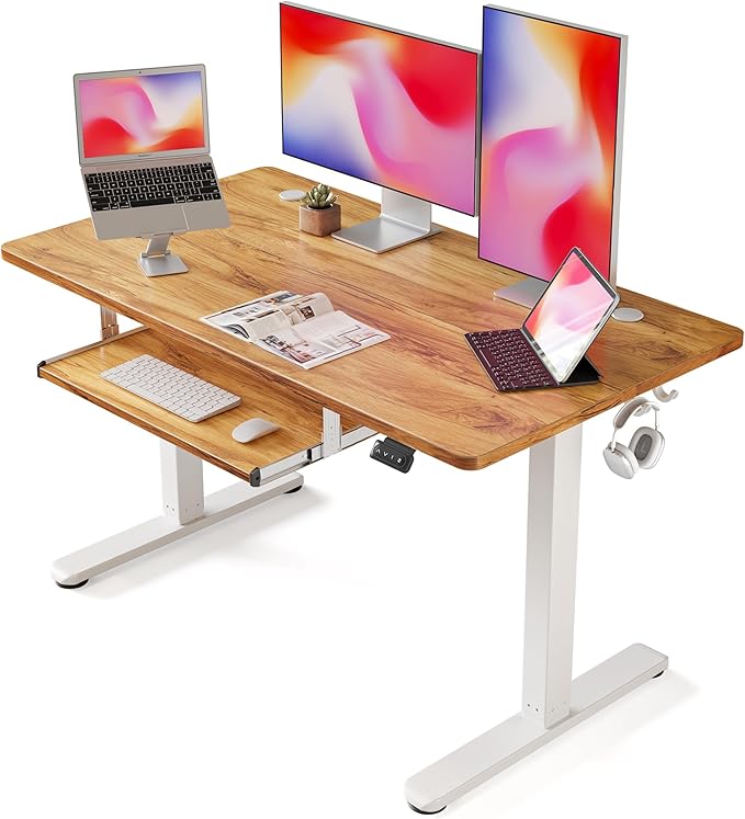 FEZIBO Standing Desk with Keyboard Tray 48 x 24 Inch Adjustable Height Sit Stand Desk with Memory Presets for Home Office Ergonomic Computer Workstation Light Rustic