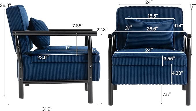 Accent Chair Comfy Modern Mid-Century Accent Chairs with Storage Corduroy Upholstered Lounge Armchair with Solid Wood Reading Side Single Sofa for Living Room/Office/Balcony/Bedroom-Blue
