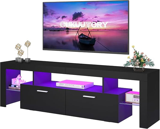 Clikuutory Modern Lighting 63 inch TV Stand with Large Storage Drawer for 50 55 60 65 70 75 Inch TVs TV Console with 20 Color LED Lights Entertainment Center Media and Open Shelf for Bedroom Black