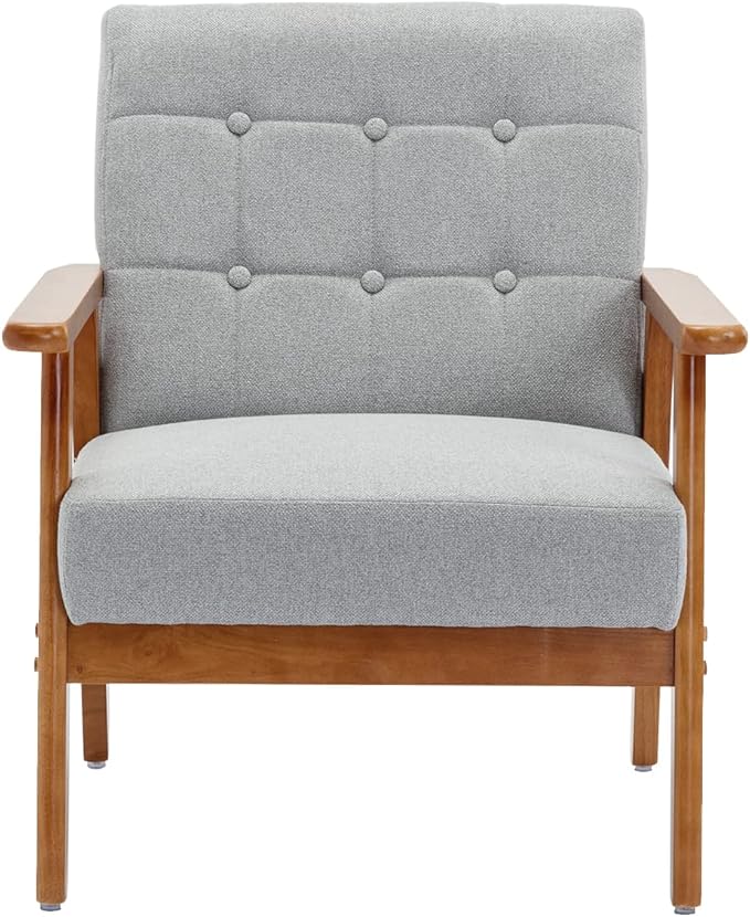 Leisure Chair with Solid Wood Armrest and Feet Mid Century Modern Accent Chair for Living Room Bedroom Studio Chair