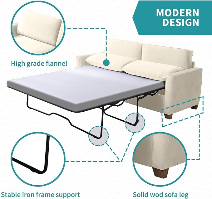 BALUS Velvet Full Size Pull Out Sofa Bed 71 W 2-in-1 Convertible Sleeper Sofa Pullout Couch Bed with Memory Foam Pillows and Mattress for Living Room Furniture Office Apartment Small Space Beige