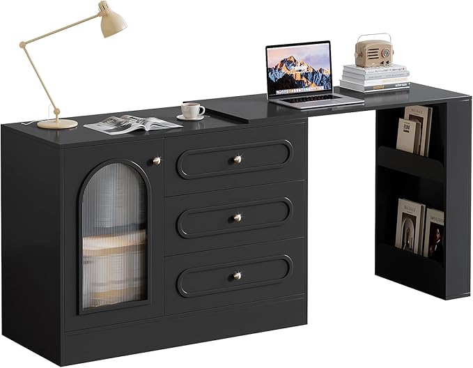 Tribesigns L Shaped Desk with 3 Drawers Reversible Corner Desk with Storage 360° Rotatable Study Table with Adjustable Shelves for Home Office Writing Table Workstation for Bedroom (Black)