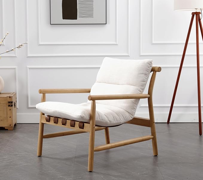 Linen Accent Chair Mid Century Modern Living Room Chairs Comfy Arm Chair with Solid Wood Frame Upholstered Lounge Reading Chair Cozy Recliner for Bedroom/Guest Room Beige