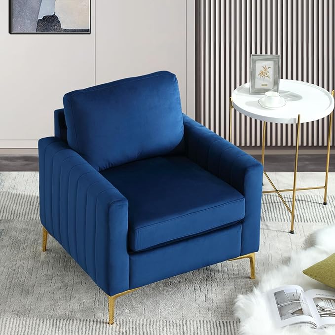 Modern Velvet Accent Chair Comfy Living Room Armchair with Thick Cushion Upholstered Reading Armchair Mid Century Sofa Chair with Gold Legs Side Chair for Living Room Bedroom Office Club Blue