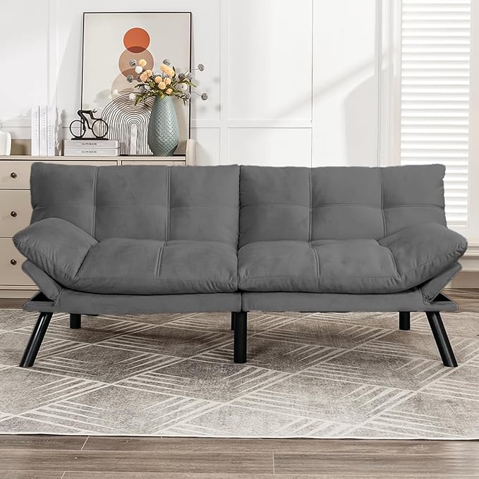 KINFFICT Convertible Futon Sofa Couch Bed Modern Memory Foam Sleeper Loveseat Sofa with Adjustable Armrests &amp Backrests Comfy Love Seat for Living Room Bedroom Office Apartment Small Space