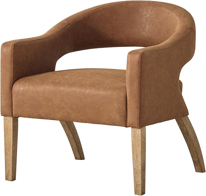 Modern Accent Chair Upholstered PU Leather Barrel Armchairs with Rubberwood Legs Comfy Lounge Arm Chair Hollow-Out Side Club Chair for Living Room Bedroom Office (Brown-Wide)
