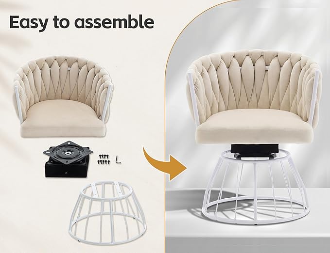 Mistpeople Swivel Weave Accent Chair Velour Upholstered Modern Chair with Woven Tufted Backrest for Living Room Bedroom Vanity Beige