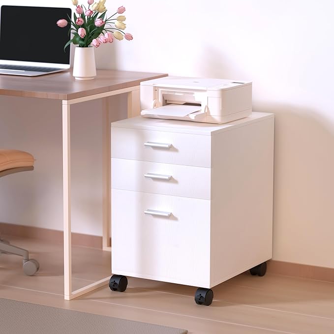 3 Drawer File CabinetPreassembled White Wooden Storage Organizer for FilesUnder Desk Printer StandMobile on Wheels19 L x 16 W x 22 H