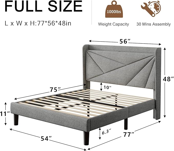 Full Size Upholstered Bed Frame with Charging Station Platform Bed Frame with Storage Headboard Solid Wood Slats Support No Box Spring Needed Light Gray