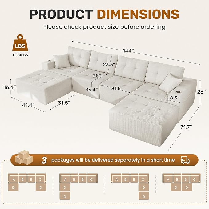 143 Modular Sectional Sofa for Living Room Convertible U-Shape Couch with Ottoman 6 Seater Modular Sectional SofaBeige Corduroy