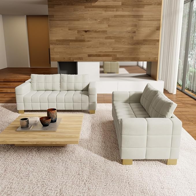81.89 Sofa Comfy 3 Seat Sofa Tufted Chenille Upholstered Sofa Couch for Living Room with Gold Metal Legs and 2 Throw Pillows (BAIGE（3+3）)
