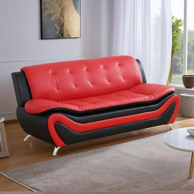 Living Room Furniture Set for Living Room Faux Leather Couch Sets Modern Couch for Apartment Home Office(SofaRed&ampBlack)