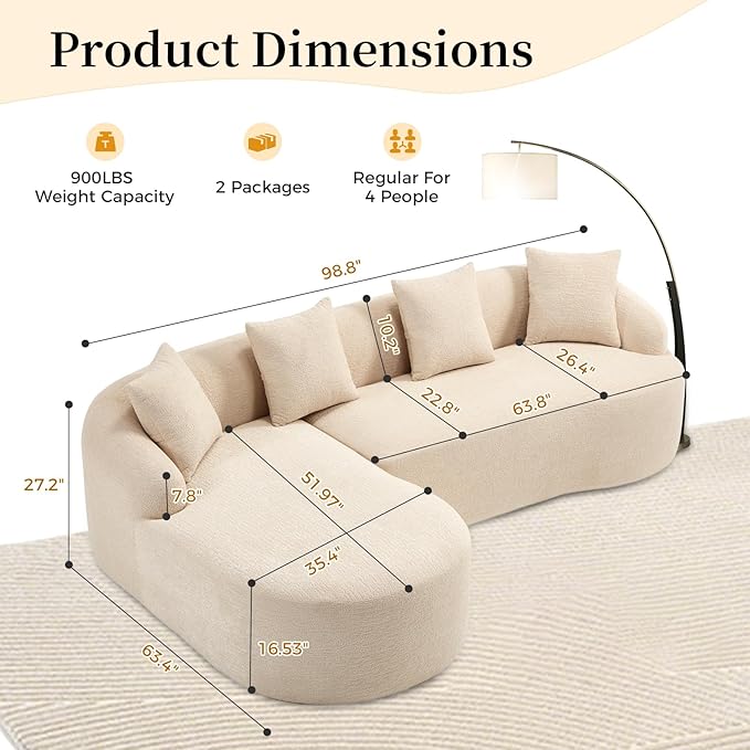 98.8 Curved Sectional Sofa with ChaiseL-Shape Sofa Lounge ChaiseBoneless Couch L Shape for Living RoomWood Grain Chenille FabricNo Installation Requirement