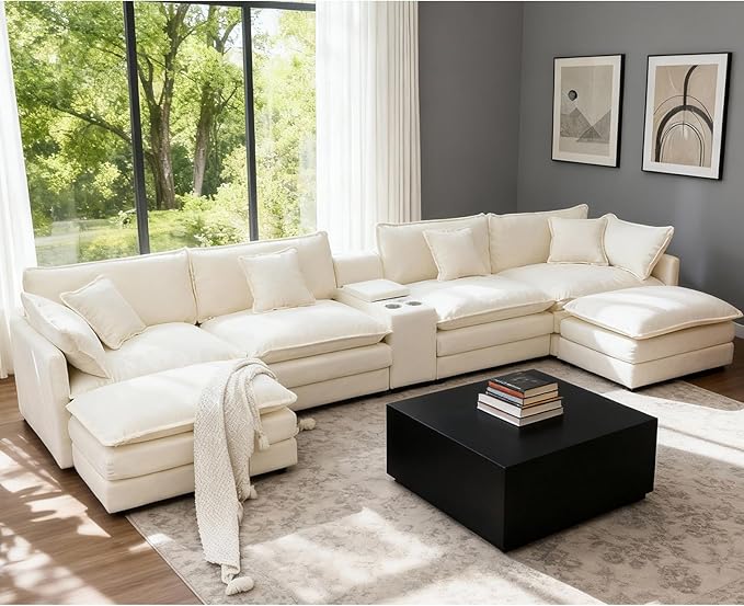 159 Oversized Modular Sectional Sofa Modern Large 6 Seater U Shaped Sectional Couch with Ottoman Comfy Cloud Couches with Cup Holders &amp USB for Living Room Spacious Space (Beige)