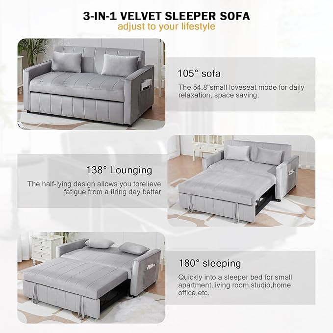 Convertible Sofa BedVelvet Sleeper Sofa Bed with Side Pockets 3 in 1 Pull Out Couch with Adjustable Backrest for Living Room Bedroom Apartment (Grey)