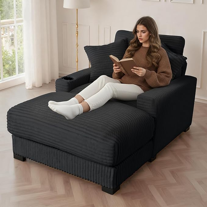 41 Chaise Lounge Indoor Comfy Reading Chair with 2 PillowsUSB Charger Cup Holder Adjustable Backrest Corduroy Sofa Bed Lazy Chair Sleeper Couch Small Couch for Apartment Black