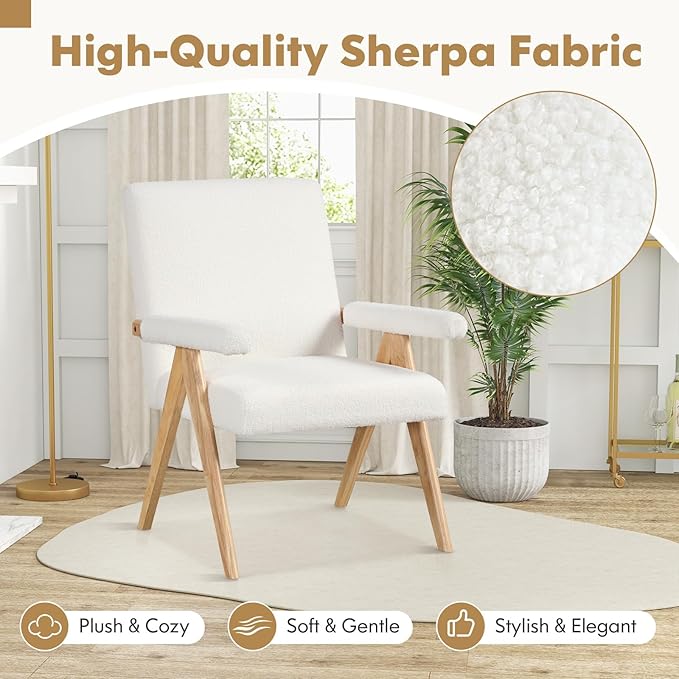 Giantex Mid-Century Modern Accent Chairs Set of 2 Sherpa Fabric Reading Chair with Padded Armrests Solid Rubber Wood Frame Upholstered Side Arm Chair for Living Room Bedroom Office Beige
