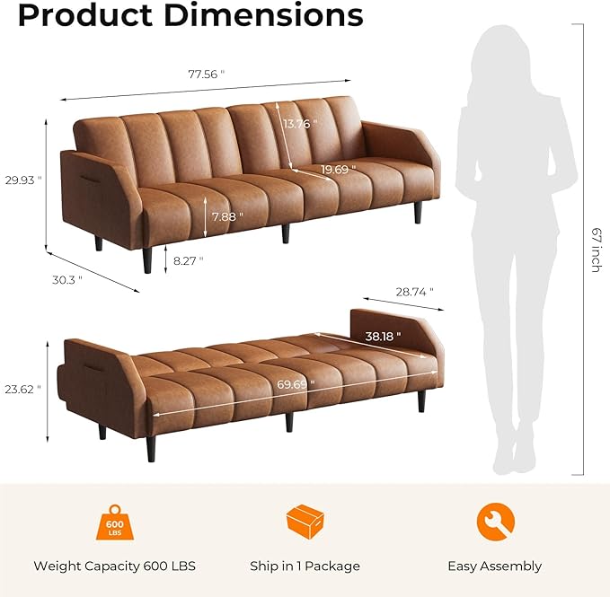 Fadware Faux Leather Couch Convertible Futon Sofa Bed with Adjustable Backrest Mid Century Leather Sofa Loveseat with Side Pockets&amp Metal Leg Modern Leather Sleeper Sofa for Living Room Bedroom