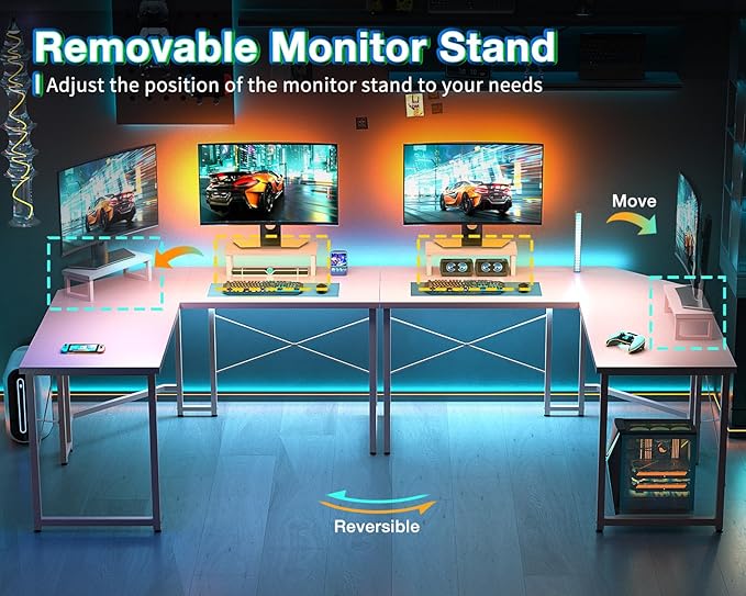 AODK L Shaped Gaming Desk Computer Corner Desk PC Gaming Desk Table with Large Monitor Riser Stand for Home Office Sturdy Writing Workstation51 * 19 inchPink