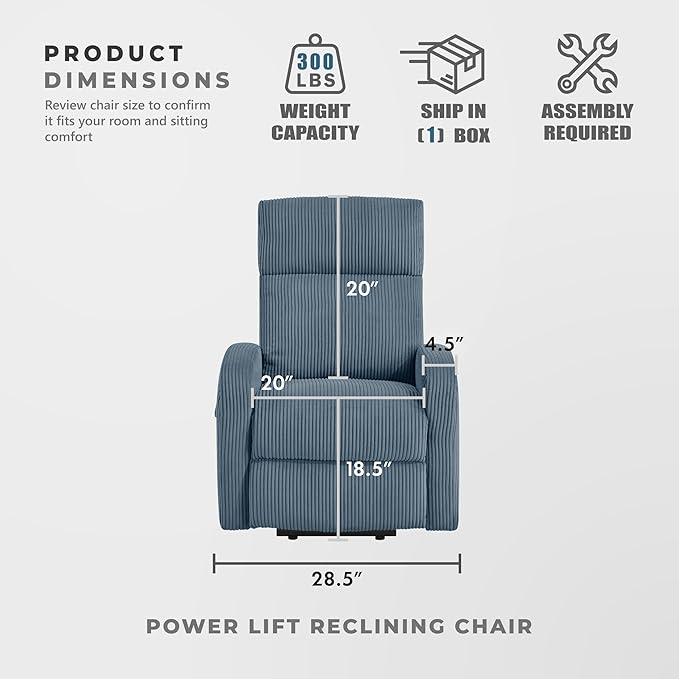 Lexicon Power Lift Recliner Chair for Elderly with Remote Control Gentle Lift Motion Side Pocket Armrest Corduroy Upholstered Electric Recliner for Living Room/Bedroom Easy Assembly Midnight Blue