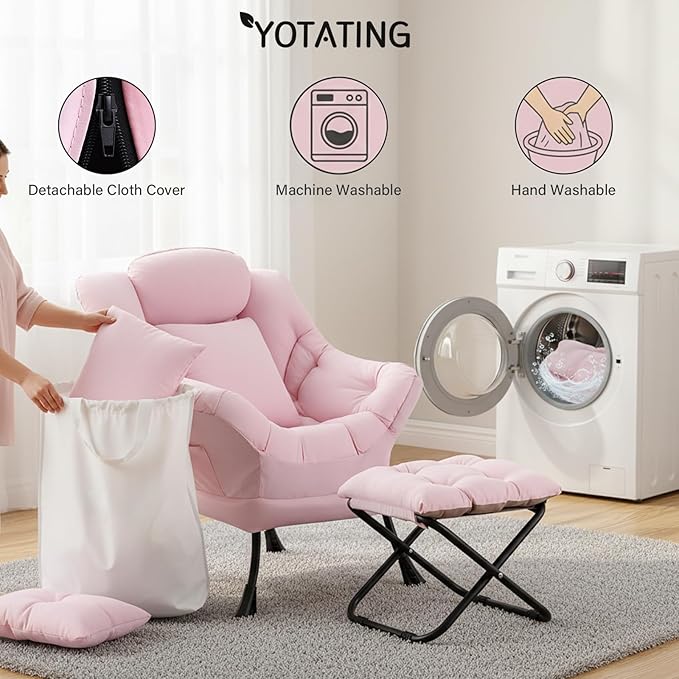 Lazy Chair with Ottoman Modern Accent Leisure Sofa Chair with Footrest Stool &amp Throw Pillow Modern Lounge Chair with Armrests for Living Room Pink