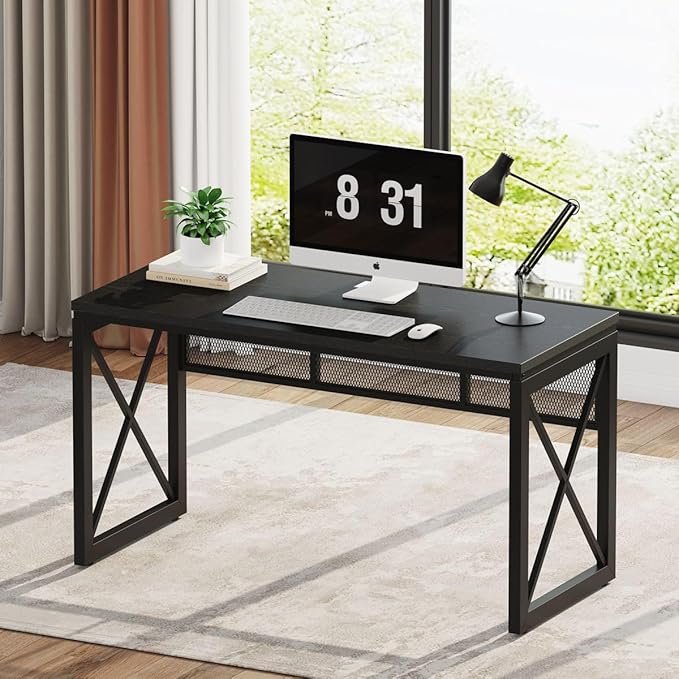 BON AUGURE Black Computer Desk Modern Gaming Desk Industrial Wood Office Desks Sturdy Writing Desks for Home Office Living Room Study Workstation Bedroom (Black 54 Inch)