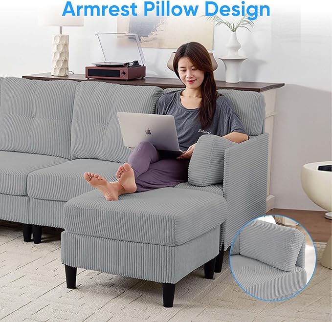 Mjkone Sectional Couch Sofa with Ottoman U Shape Sofa for Living Room Corduroy Convertrible Couches with Double Chaises 6 Seater Sofas for Living Room/Home Office/Guest (Light Grey)