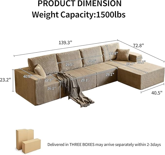Boneless Cloud Sectional Couch for Living Room Compressed Modular L-Shaped Sofa with Deep Seat Frameless Corduroy Couch in Boxes No Assembly Required Grey Middle