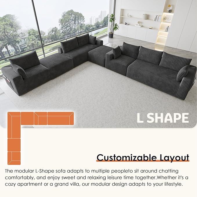 146 Oversized Boneless Couch Modular Sectional Couches for Living Room U-Shaped Deep Seat Chaise with Side Pockets No Assembly Required Plush Corduroy Fabric Sleeper Sofa Dark Gray