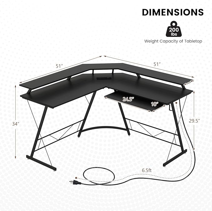 Tangkula L-Shaped Computer Desk with Power Outlet 51 Corner Computer Workstation with Monitor Stand Keyboard Tray &amp Headphone Hook Ergonomic Gaming Desk for Home Office (Black)