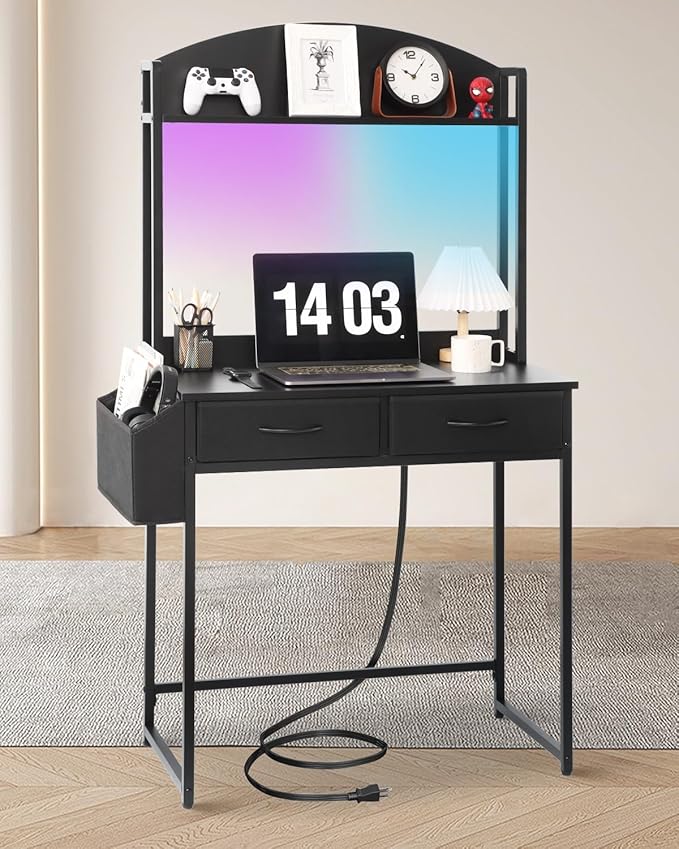 KATHY&ampBOB Small Home Office Study Desk - Freestanding Ladder Design with Fabric Drawers &amp Side Bag - Modern Vanity Makeup Desk - 2 Tier Shelf &amp Computer Gaming Station (Black Arched)