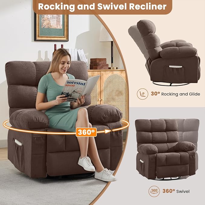 Swivel Rocker Recliner Chair for Adults 360° Upholstered Manual Recliners for Small Spaces Single Seat Glider Reclining Chair with Side Pockets Ergonomic Reading Chair for Living Room RV Bedroom