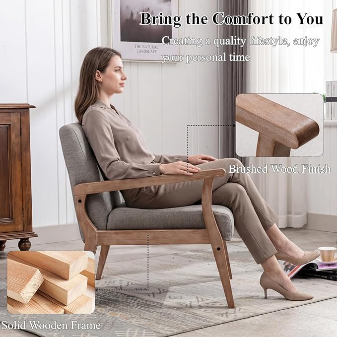 Mid Century Modern Accent Chair Set of 2 Linen Upholstered Living Room Accent Armchair with Wood Frame Farmhouse Chair for Living Room Bedroom Gray