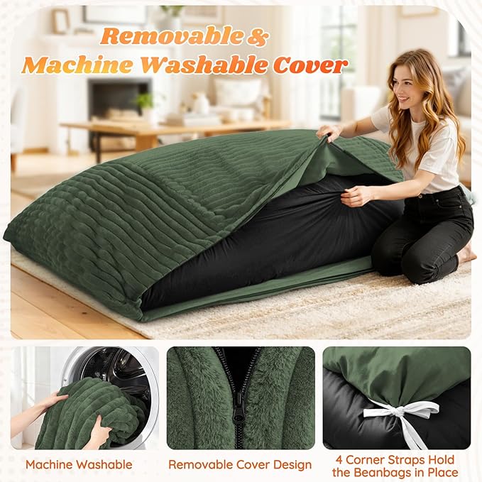 3 in 1 Giant Bean Bag Chair for Adults and Kids Oversized Convertible Bean Bag Bed with Machine Washable Cover Comfy Soft Memory Foam Floor Sofa for Living Room Bedroom &amp Game Room(Green)