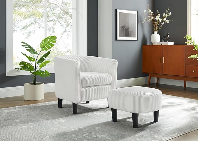 Modern Accent ChairUpholstered Arm Chair Linen Corduroy Single Sofa Chair with Ottoman Foot Rest Comfy Armchair for Living Room Bedroom and Office (White)