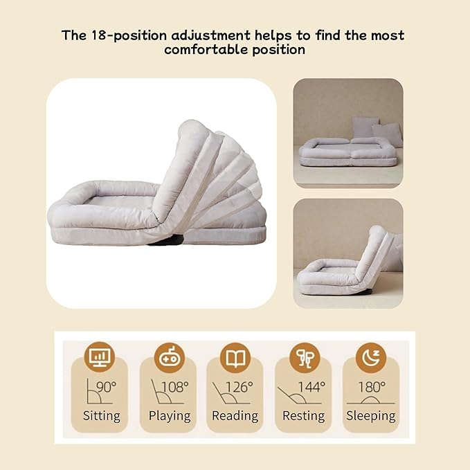 Convertible Fold-Out Lazy Sofa Bed - Adjustable Human Dog Bed for Adults Plush Upholstered Adjustable Sofa Couch with 18-Position Backrest 2-Person Floor Sofa Bed Space Saving Design (Double)