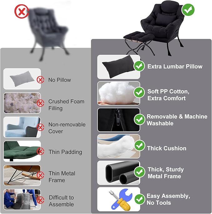 Lazy Chair with Ottoman Modern Accent Chair with Lumbar Pillow Black Sofa Armchairs with Folding Footrest Oversized Supportive Chairs for Bedroom Reading