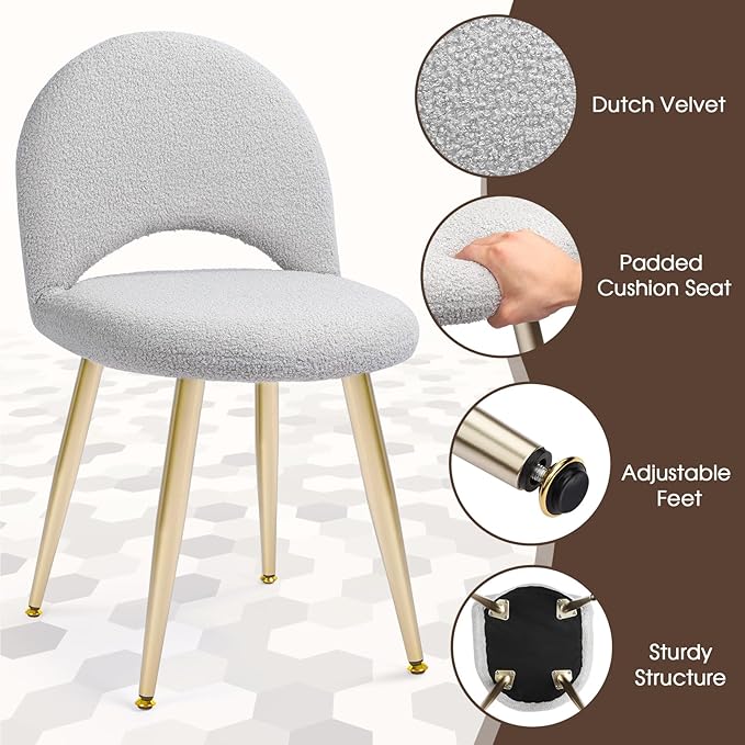 Vanity Chair with Adjustable Backrest Boucle Upholstery Armless Makeup Stool Gray Sherpa Vanity Stool with Gold Metal Legs for Bedroom Living Room Kitchen Dinning Room(Gray)