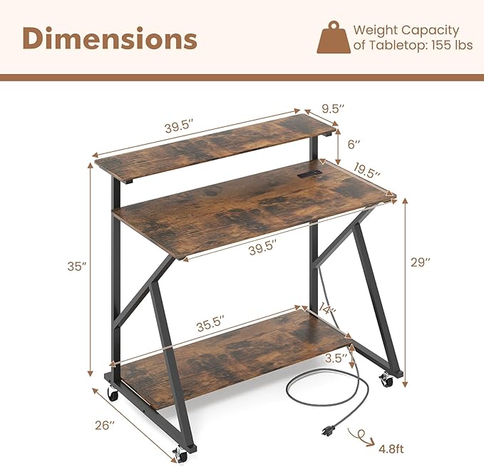 Giantex Rolling Computer Desk with Charging Station Mobile Portable Laptop Desk with Monitor Stand &amp Storage Shelf Small Desk with Lockable Wheels for Small Spaces Home Office (Rustic Brown)