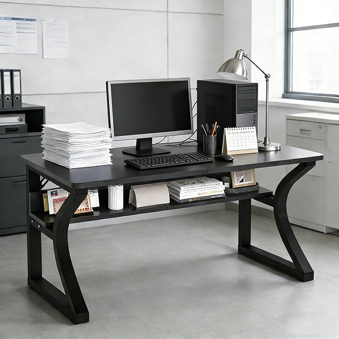 Oraspala﻿ Computer Desk 47 Inch Large Comouter Desk Home Office Desks with Storage Shelf Working Desk with Stable C-Shaped Legs Spacious Desktop for Home Office Gaming &amp Study (Black 47inch)