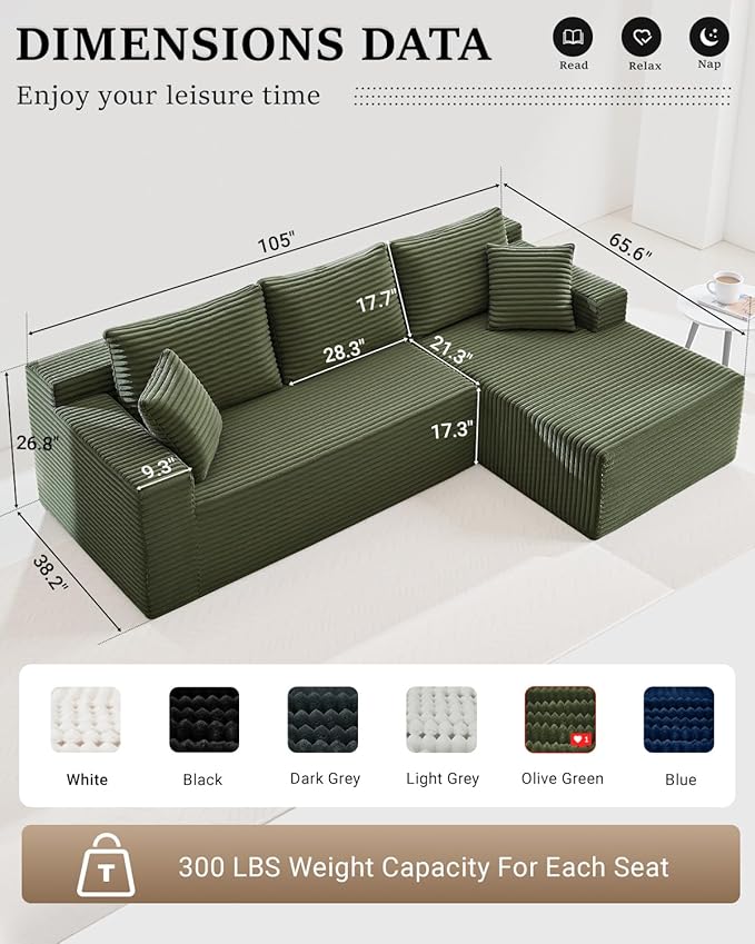 105 Inch Cloud Sectional CouchModern Modular Sectional Sofa with Deep SeatCorduroy Boneless Couches with L-Shape Chaise for Living Room BedroomNo Assembly Required (Green Right Facing Chaise)
