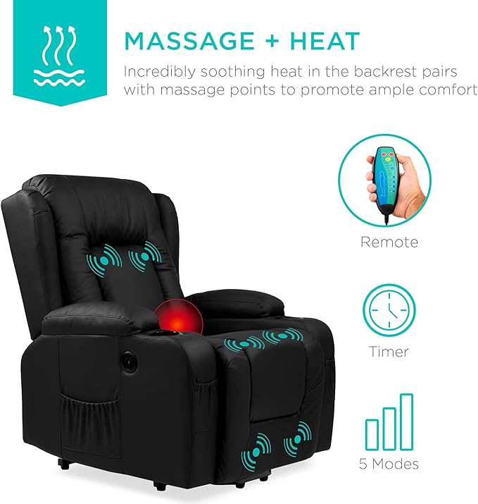 Best Choice Products PU Leather Electric Power Lift Chair Recliner Massage Chair Adjustable Furniture for Back Legs w/ 3 Positions USB Port Heat Cupholders Easy-to-Reach Side Button - Black